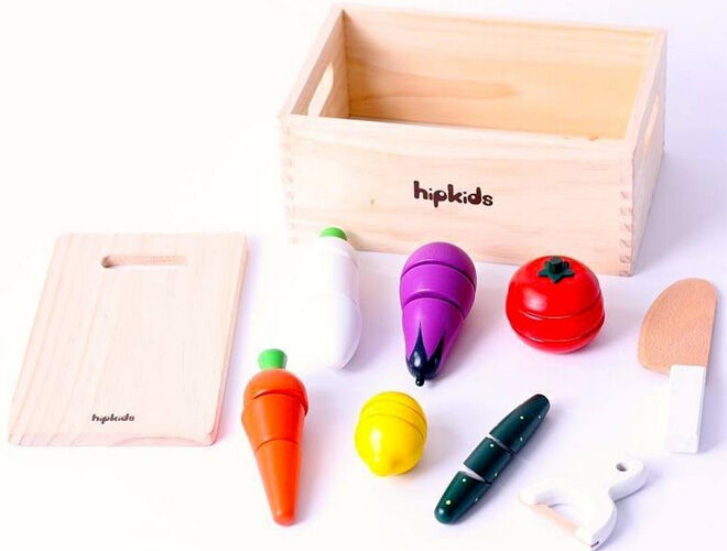 Wooden toy pretend play kitchen essentials for mini chefs. Hip Kids wooden veggie set