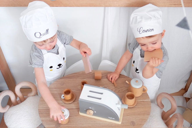 Wooden toy pretend play kitchen essentials for mini chefs