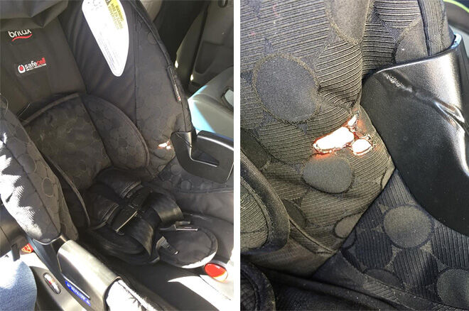 Mirror burns hole in baby seat