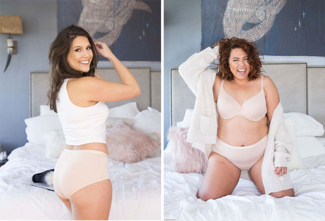 Two women in bedroom setting wearing different styles of Modibodi underwear, showing comfy fit and feeling of freedom. 