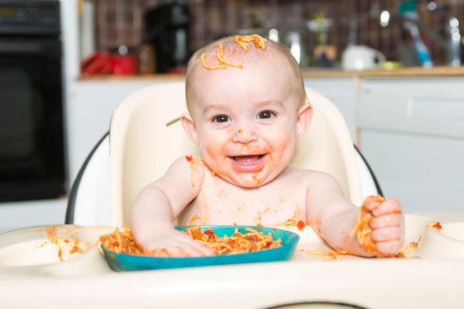 Baby Eating spaghetti with fingers 