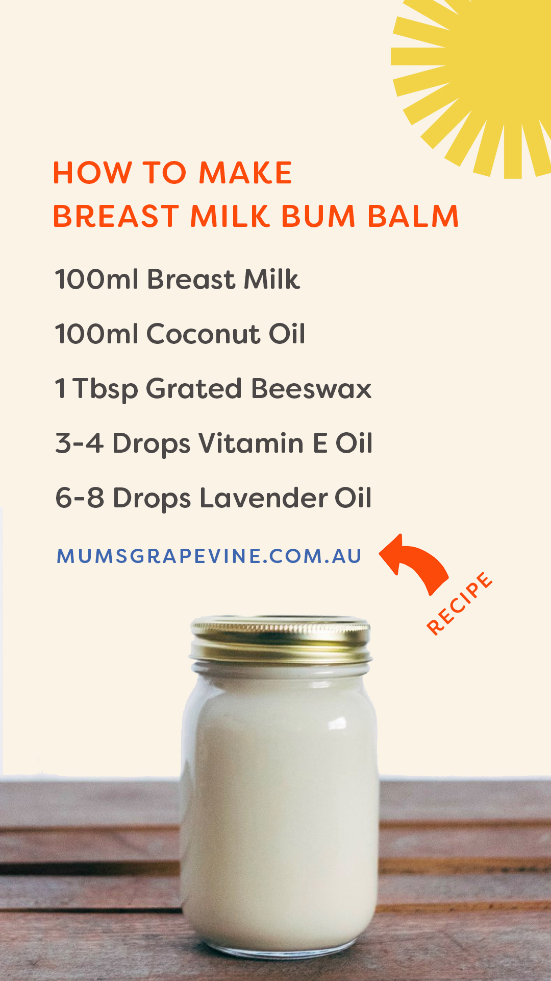 Ingredients listed to make homemade breast milk nappy balm
