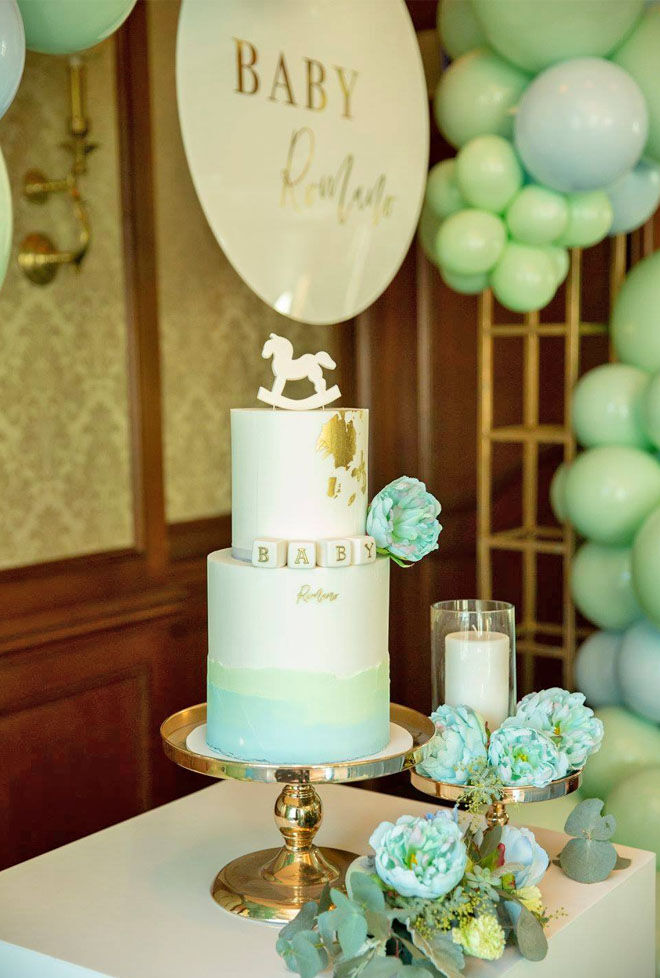 pastel mint and blue baby shower cake. MKR's Zana Pali and Gianni Romano's