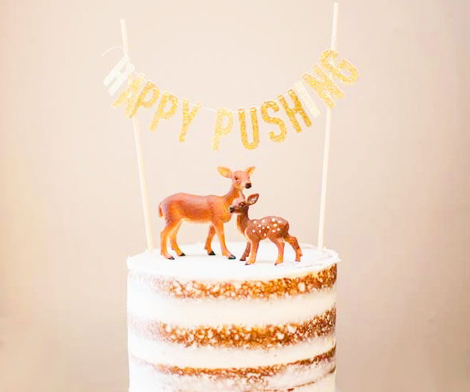 Happy Pushing woodland-themed baby shower cake via Catch My Party