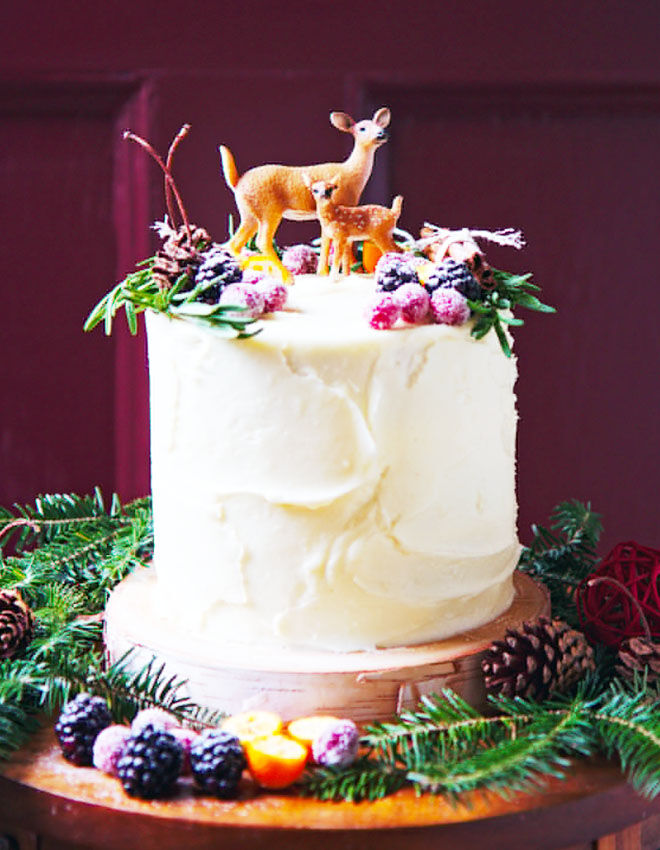 Woodland baby shower cake with pine needles and fruits, La Peche Fraiche