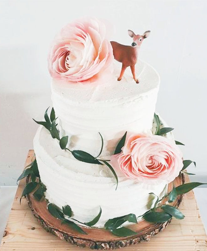 Elegant woodland baby shower cake with pink roses via Pinterest