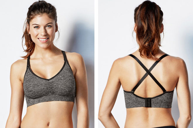 Bravado Nursing Sports Bra in grey marle with black trim shown from the front and rear view. 