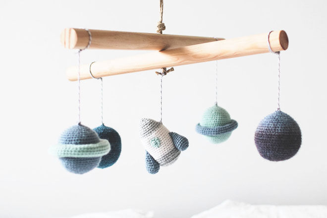 Crochet space mobile for the nursery by Hey Billie Hey