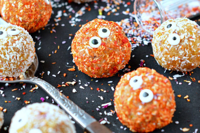 Halloween apricot and coconut bliss balls