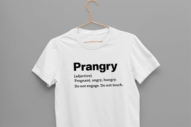 A white tshirt with the word 'Prangry' followed by the definition of the word written on the front