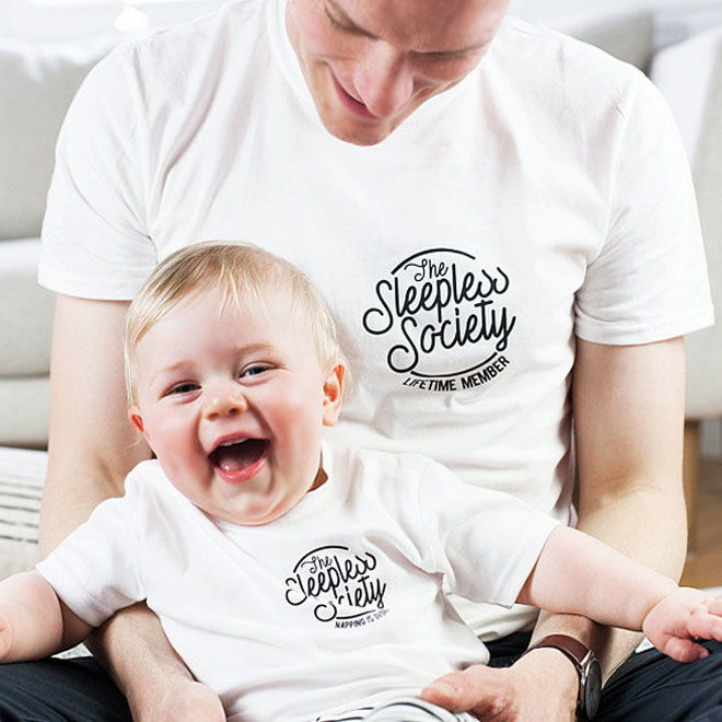 Sleepless society dad and baby matching shirt