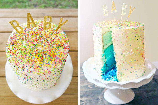Ombre gender reveal cake with confetti