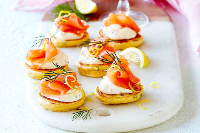 Smoked salmon on polenta pikelets make a great Christmas appetiser and delicious finger food for toddlers too