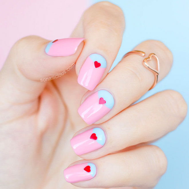 Pink and baby blue Valentine's nails