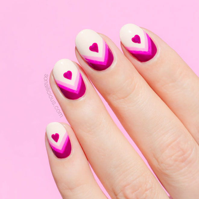 Valentine's nails with purple and white chevrons 