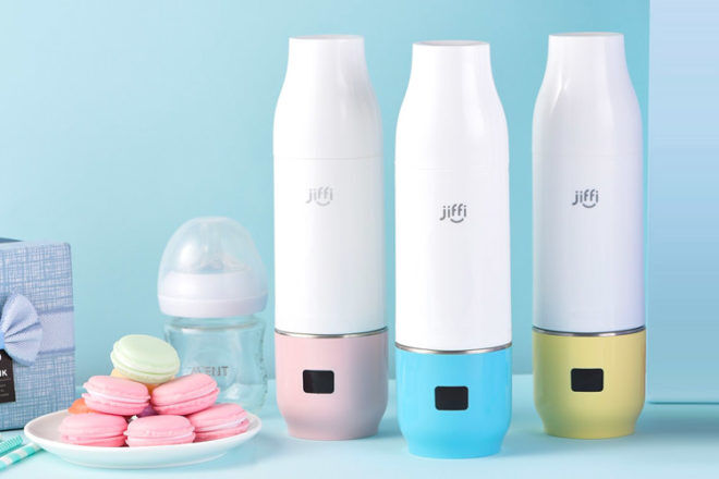 Jiffi 2.0 portable bottle warmer showing the three colourways sitting on a bench with macaroons