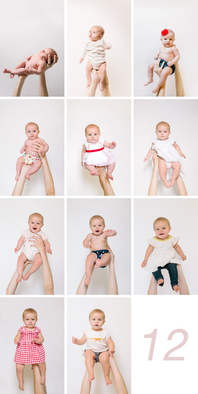 13 monthly baby photo ideas: raised in hands