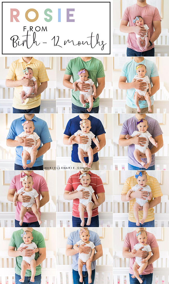 13 monthly baby photo ideas: dad holding baby in different t-shirt colour