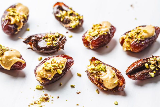 medjool dates stuffed with peanut butter are a great snack for labour