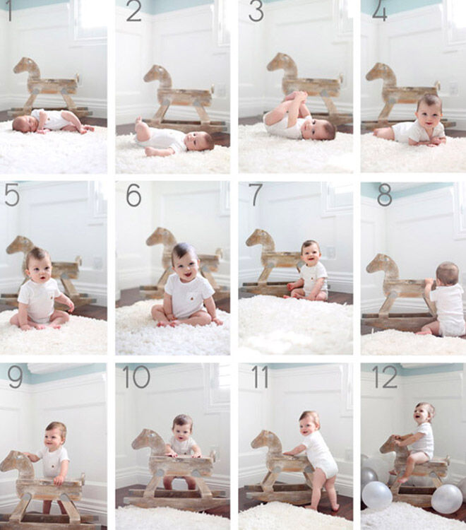 13 monthly baby photo ideas: baby milestone photos with a rocking horse