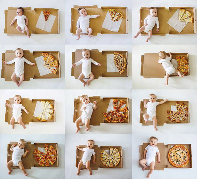 13 monthly baby photo ideas: Baby milestone photos with pizza