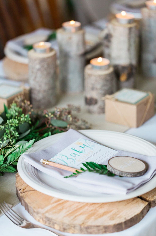 Woodland baby shower table setting ideas