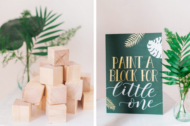 Paint a building block for baby, a woodland themed baby shower game