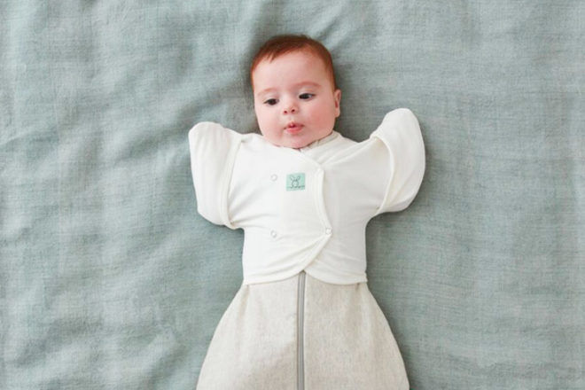 ergoPouch Butterfly Cardi helps baby transition from swaddle to sleeping bag in three easy steps