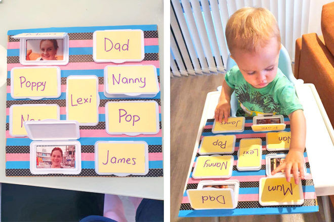 DIY lift the flap identity board for toddlers