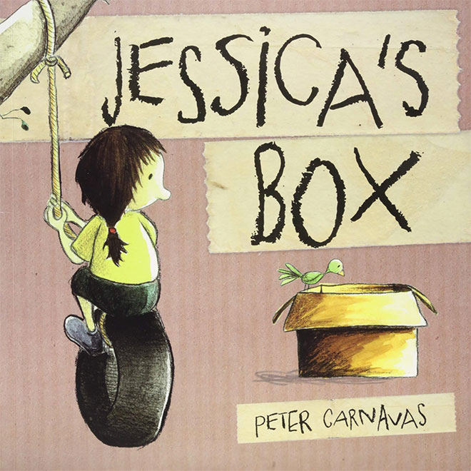 A book cover showing a girl on a tyre swing next to a cardboard box from the book Jessica's Box written by Peter Carnvas