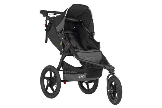 Front view of Bob Revolution Pro convertible stroller, showing seat, frame, canopy, mesh basket and large wheels. 