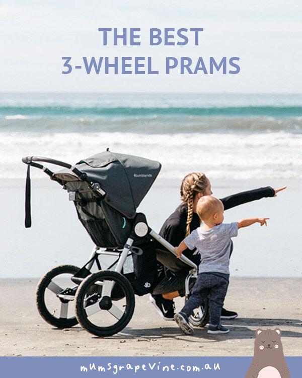 Bumbleride jogging stroller, showing the all-terrain wheels on the beach.