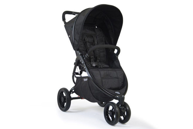 Front view of Valco Baby Snap 3 Wheel Pram showing paded seat, handlebar and wheels.