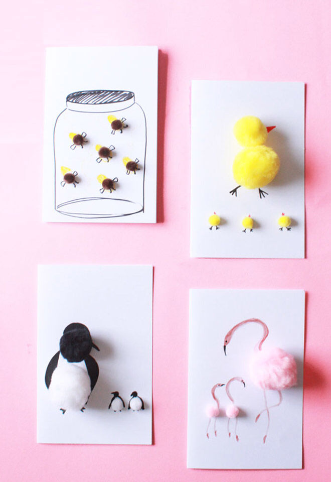 DIY Mother's Day card idea: pom pom animals