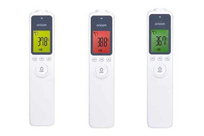 Oricom Non-Contact HFS100 Thermometer showing the three colour displays highlighting different temperature