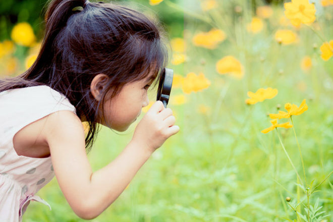 Little girl looking through a magnifying glass at flowers in the garden