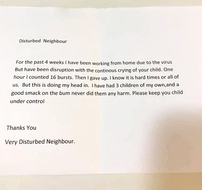 Neighbour send cruel note to mum