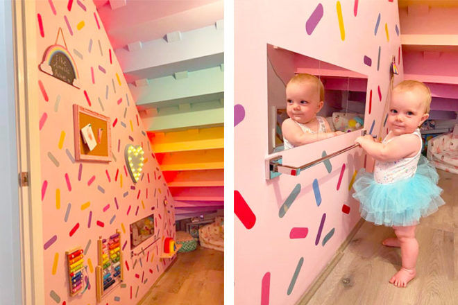 Toddler playroom hidden under stairs