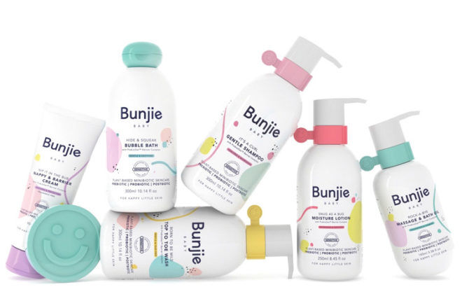 Close ups showing full range of Bunjie kids' skincare products so you can see compare the sizes and see how differing colours distinguish each product type. 