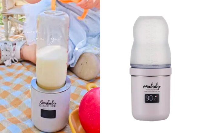 a portable warmer heating a bottle of milk at a picnic