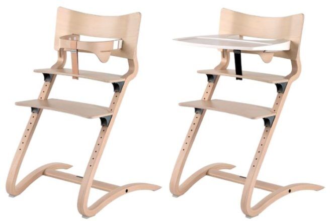 Leander birch plywood baby chair showing two different configurations, one with a white plastic tray top installed and the other with the toddler seat attachment. 