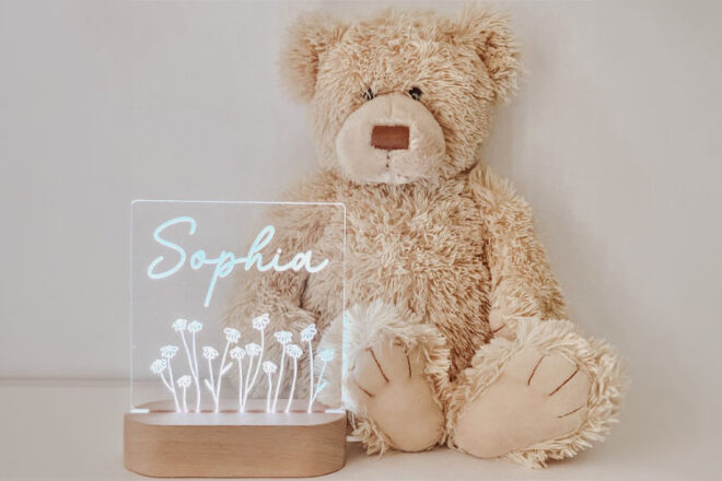 A personalised kids night light with the name Sophia from the Etsy store All The Small Things