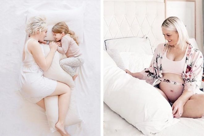 Growbright pregnancy body pillow showing two prgenent mothers using the pillow. One has the pillow between her legs giving her knees support while the other is leaning on it in bed. 