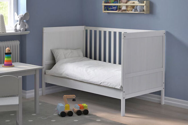 The SUNDVIK Cot from IKEA converted into a toddler bed