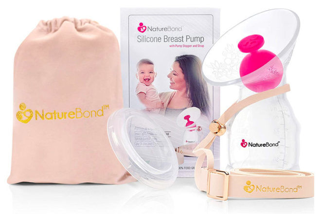 NatureBond Silicone Pump Set with stopper and strap showing the pump with pink stopper and how the strap attaches from the side view. Includes a stylish travel carry bag making it ideal for gifting. 