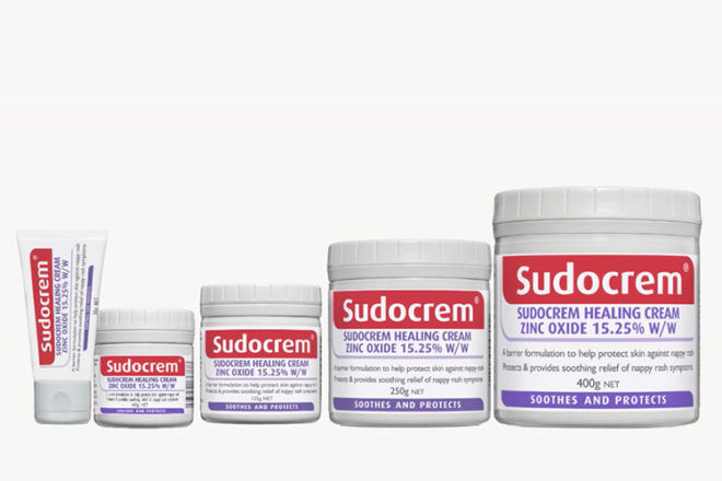 Sudocrem headling cream showing the full range of available sizes from 400g tum to 25ml tube. 