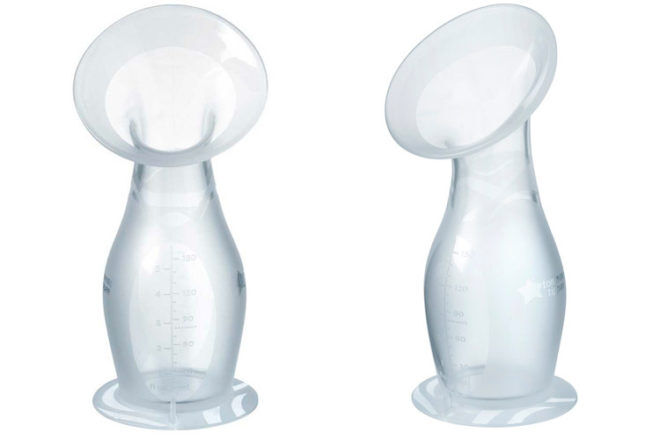 Tommee Tippee Made For Me Silicone Breast Pump shown in front and side angle. The measurement indicators are visible which help mothers to clearly see how much milk is being collected.