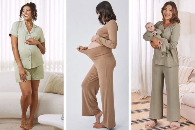 Three women wearing different styles of Angel Maternity sleepwear range