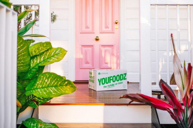 Front porch setting showing Youfooz Meal Box delivered to the door, a thoughtful gift for new parents.