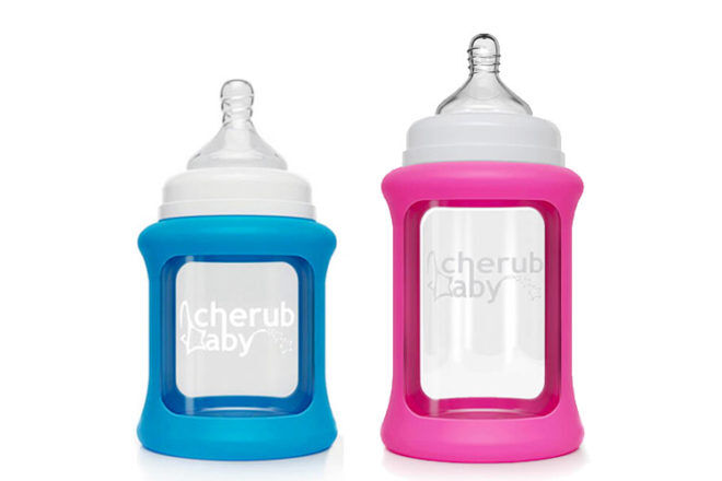 Cherub Baby Glass Bottles showing both size bottles in two colours, blue and pink. The unique twist of the teat is also shown